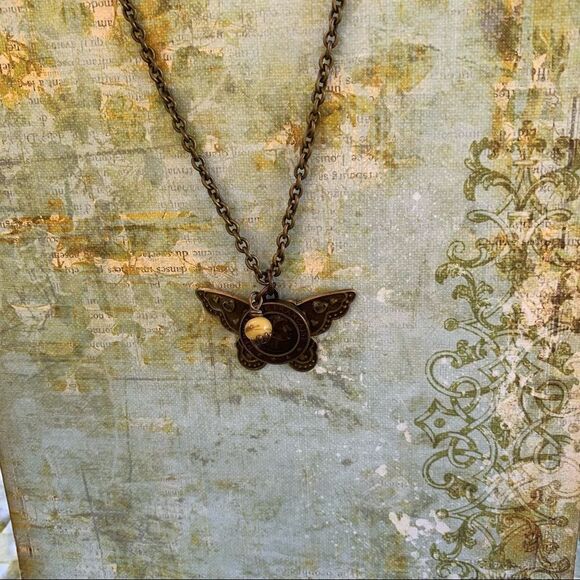 Hand Crafted Steampunk Butterfly Brass Necklace/a Semi Precious Bead - Picture 5 of 7